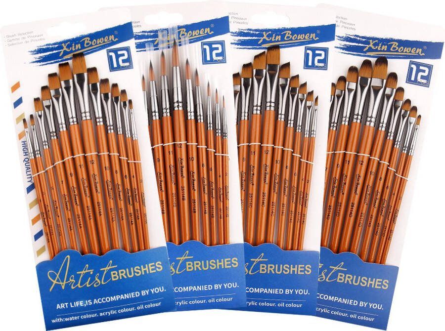 KJG Penselen Set van 48 stuks Recht Puntig Afgeschuind Rond Kwasten Verven Schilderen Waterverf Olieverf en Acrylverf