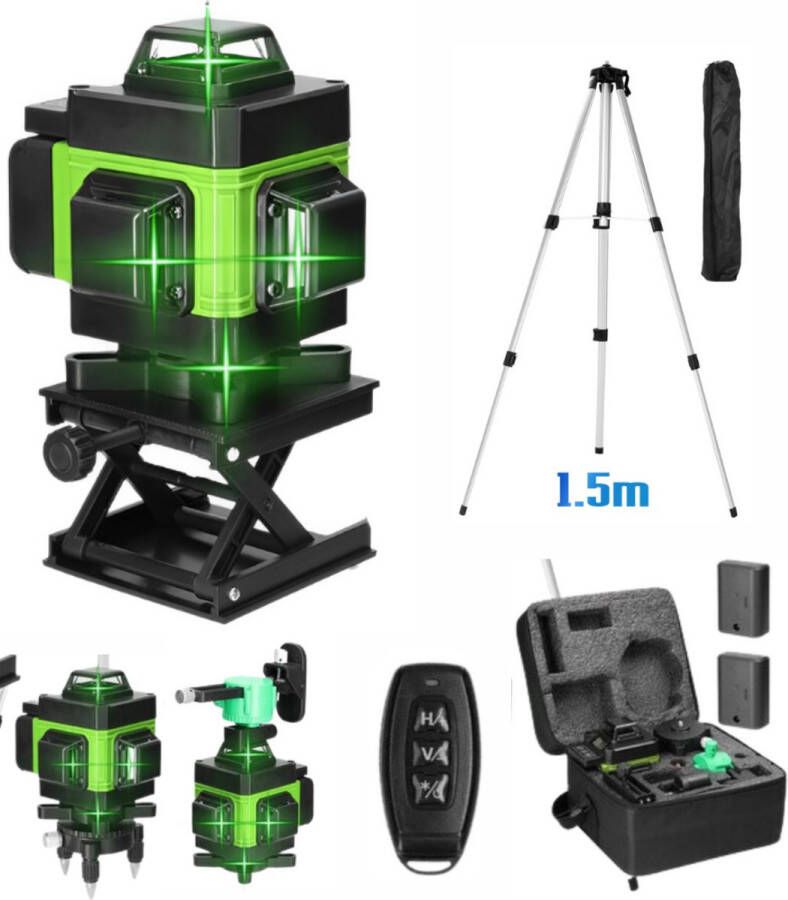 Kkmoon Kruislijnlaser 4D 16 Lijnen Zelf Nivellerend Met Statief Inclusief Muurbeugel Platform Afstandsbediening 2 Batterijen Opslagcase Groen