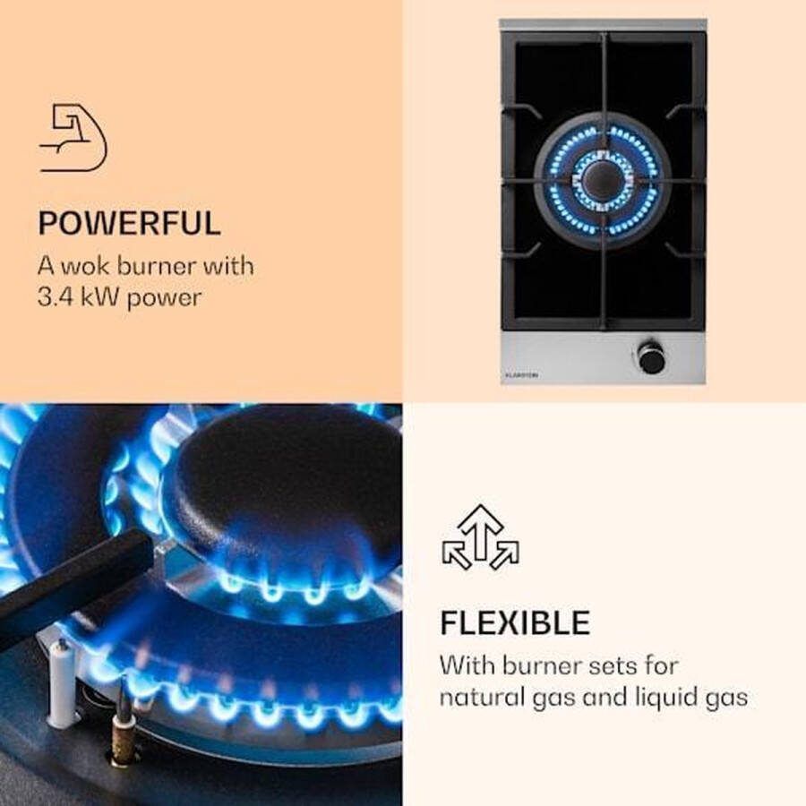 Klarstein Alchemist Gaskookplaat 3400 W 1 X Wokbrander 30 Cm Inbouw Aluminium Brander Aardgas Butaan Gas Roestvrij Staal Automatische Uitschakeling Gietijzeren Pannendrager Glaskeramisch Incl. Slang En Drukregelaar Zwart