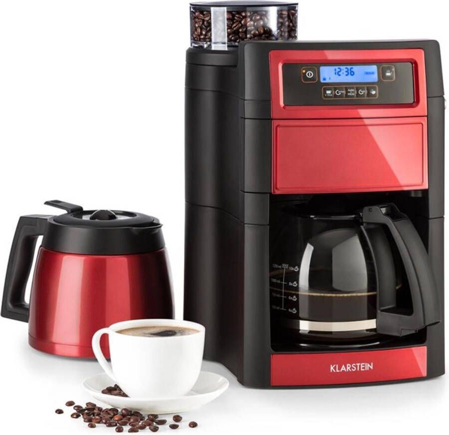Klarstein Aromatica II Duo koffiezetapparaat Koffiemachine met geïntegreerde koffiemolen voor bonen 5 maalgraden Inclusief thermoskan glazen kan en warmhoudplaat Voor 2 tot 10 kopjes koffie Rood