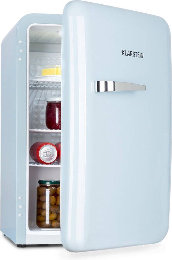 Klarstein Audrey Mini Retro Koelkast Volume: 70 Liter Temperatuur: 0-10 °C 4 Niveaus 2 Deurvakken 3 Schappen Compressiekoeling Mechanische thermostaat Retro design Jaren 50 look EEK: E Blauw