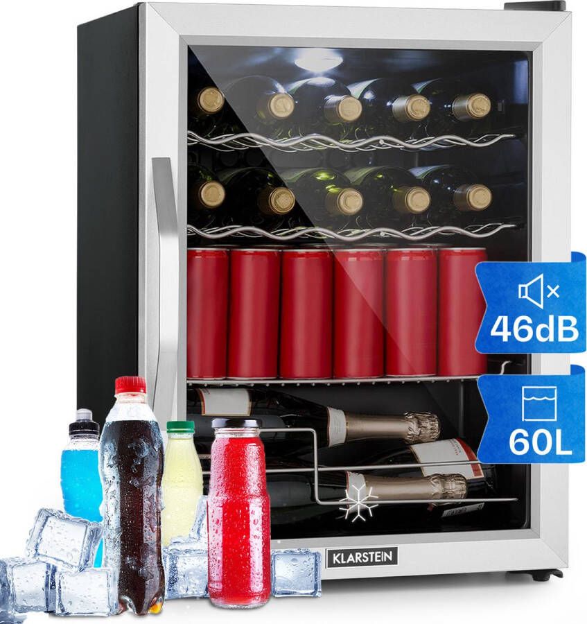 Klarstein Beersafe XL Mix It Edition Mini Koelkast 60 Liter LED-Verlichting 4 Metalen Roosters 1 Metalen Schap 2 Flessenroosters 1 Champagnerek Glazen Deur Instelbare Temperatuur Thermo-Elektrische Koeling 5 Standen Zwart