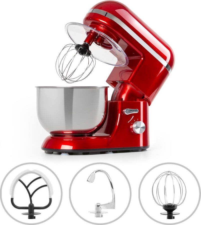 Klarstein Bella Elegance Keukenmachine 2000 W 5 2 Liter RVS zonder BPA Stijvol 6 Standen 3 Menghaken Planetair Roersysteem Pulse-Functie Spatbescherming Functionele Applicaties Perfect Vermengen Kleurrijk Design Rood