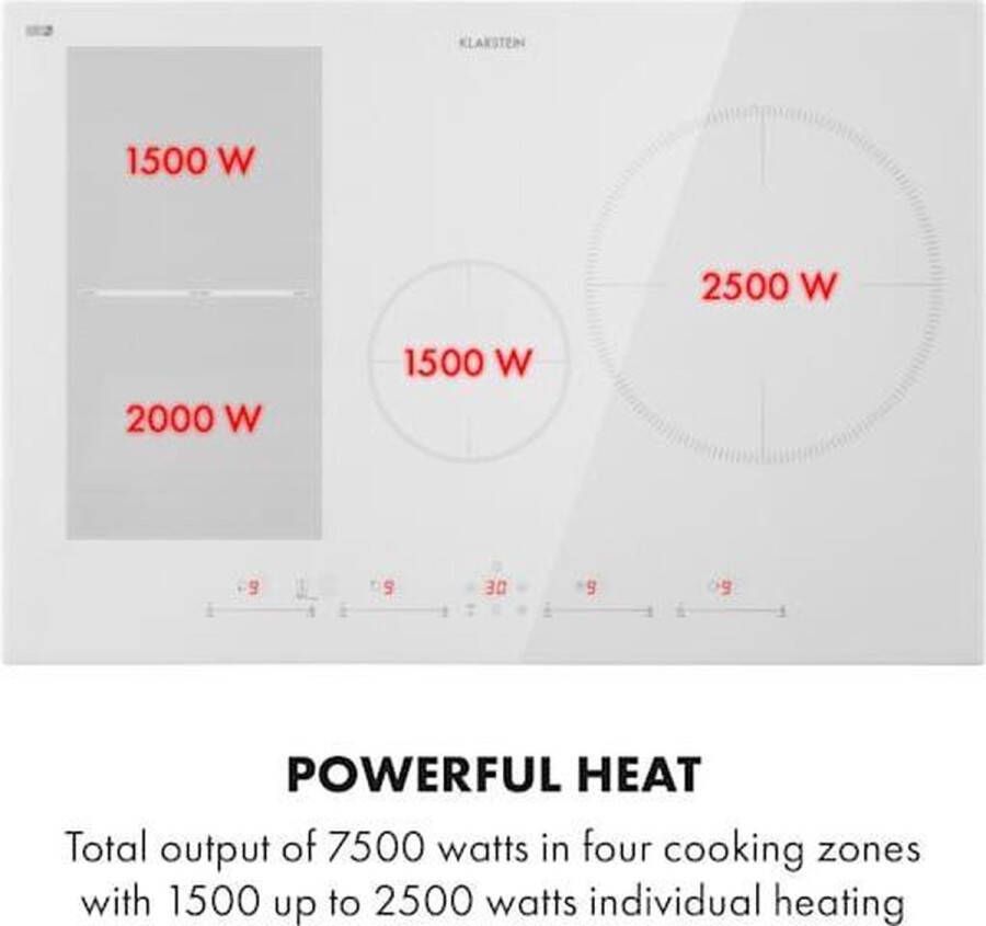 Klarstein Delicatessa 77 Hybrid Inbouw Kookplaat Inductie 4 Zones Varioheating Thermoboost Functie Timer 7000W Kinder- en Overhittingsbeveiliging Flexzone Elegant Praktisch Glaskeramisch Oppervlak Energiebesparend Wit