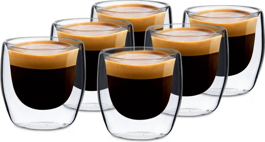 Klarstein Glaswerk Vienna dubbelwandige glazen thermoglas drinkglas espresso- koffie- en shotglas 6 stuks voor warme en koude dranken 80 ml borosilicaatglas bestand tegen hitte en kou handgemaakt afwasmachinebestendig thermo-effect