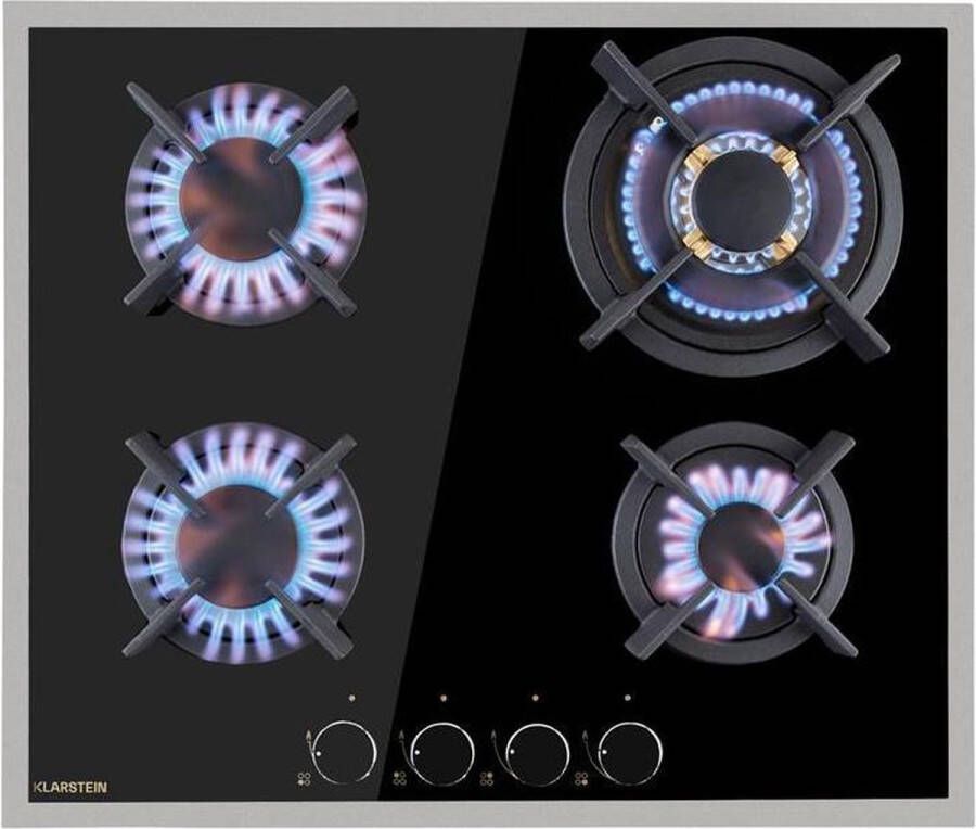 Klarstein Goldflame 4 Prime Gaskookplaat 4-Pits Autark 60 Cm Inbouw Messing Branders Aardgas Propaangas Veiligheidsventiel Gietijzeren Pannendrager Incl. Slang En Drukregelaar Glaskeramiek Frame Roestvrij Staal Zwart