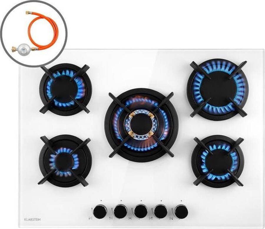 Klarstein Goldflame Domino Gaskookplaat 10400 W 5 Pitten Messing Branders Glaskeramisch Oppervlak Comfortabele Bediening Met Snap Jet-Ignition Eenvoudige Reiniging Energiebesparend Alles Inclusief Veilig En Praktisch Wit