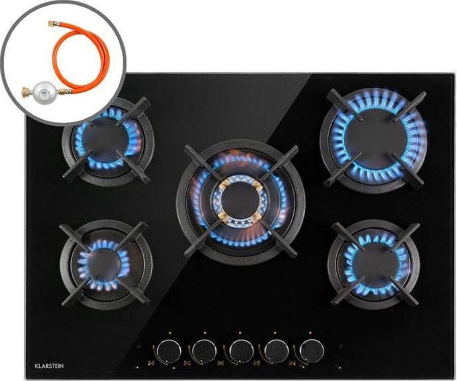 Klarstein Goldflame Domino Gaskookplaat 5 Pitten 10400 W Branders Glaskeramisch Oppervlak Comfortabele Bediening Met Snap Jet-Ignition Eenvoudige Reiniging Energiebesparend Alles Inclusief Veilig En Praktisch Zwart