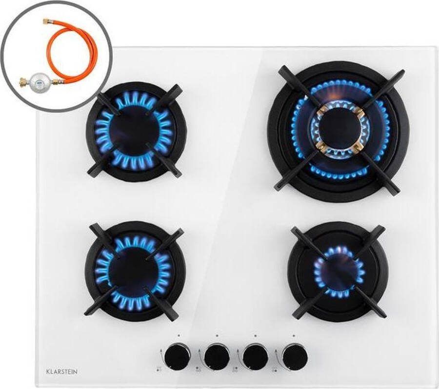Klarstein Goldflame Domino Gaskookplaat 8000 W 4 Pitten Messing Branders Glaskeramisch Oppervlak Comfortabele Bediening Met Snap Jet-Ignition Eenvoudige Reiniging Energiebesparend Alles Inclusief Veilig En Praktisch Wit