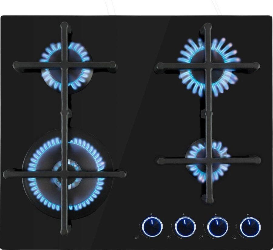 Klarstein Illuminosa 4 Gaskookplaat 4 Pitten Sabaf-Brander Glaskeramisch Oppervlak Gelijkmatige Hitteverdeling Elektrische Ontsteking Praktisch En Elegant Energiezuinig Klassiek Gietijzeren Look Intuïtieve Bediening Zwart