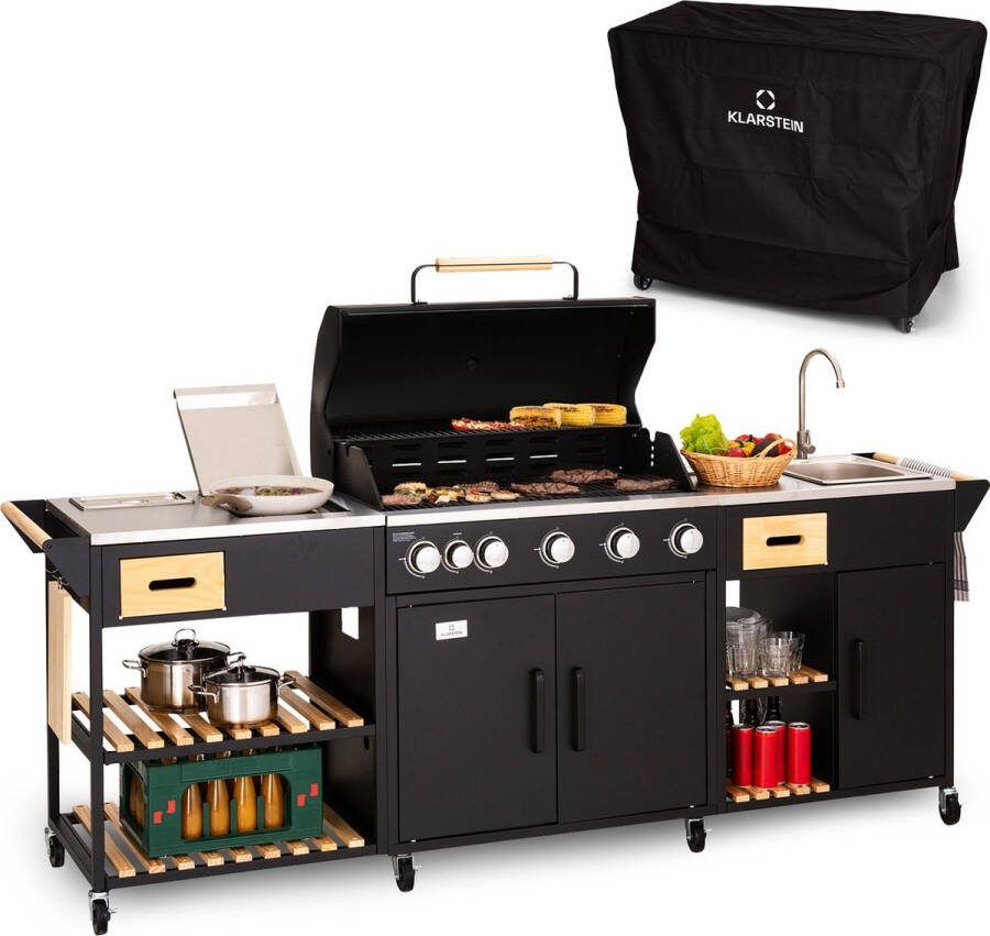 Klarstein Jersey Outdoor Kitchen 5+1 RVS Brander Gasbbq + Werkblad + Gootsteen Gasflessen Tot 11 kg 2 Schuiflades 4 Schappen Afvalbak 2 Koelboxen 8 Wielen (4 Remmen) Slangaansluiting Zwart