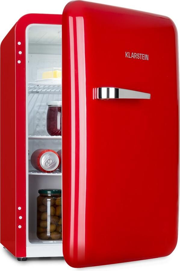 Klarstein Audrey Mini Retro Mini koelkast Volume: 70 Liter Temperatuur: 0-10 °C 4 Niveaus 2 Deurvakken 3 Schappen Compressiekoeling Mechanische thermostaat Retro design Jaren 50 look EEK: E Geruisloos Rood