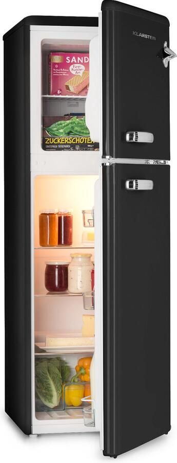 Klarstein Audrey Retro Koelvriescombi 97 Liter Koelkast & 39 Liter vriesvak 2 Glazen schappen Groentelade Koeltemperatuur: 0 10 °C Traploos Vriestemperatuur: -18 °C 41 dB EEK: E Flesopener Zwart