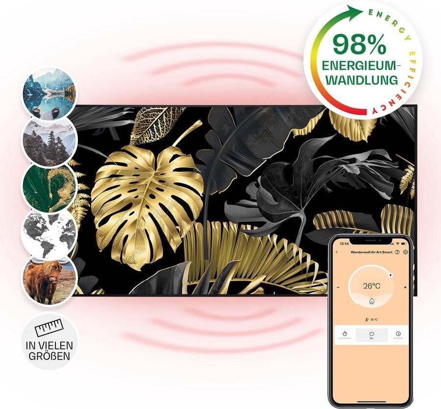Klarstein Wonderwall Air Art Slimme Infrarood Verwarming Warmtepaneel 120X60 cm 700 W 14 M² App controle Geruisloos Wandmontage Afstandsbediening Voor allergische mensen Thermostaat Weektimer Ip44 Motief: Zwart blad