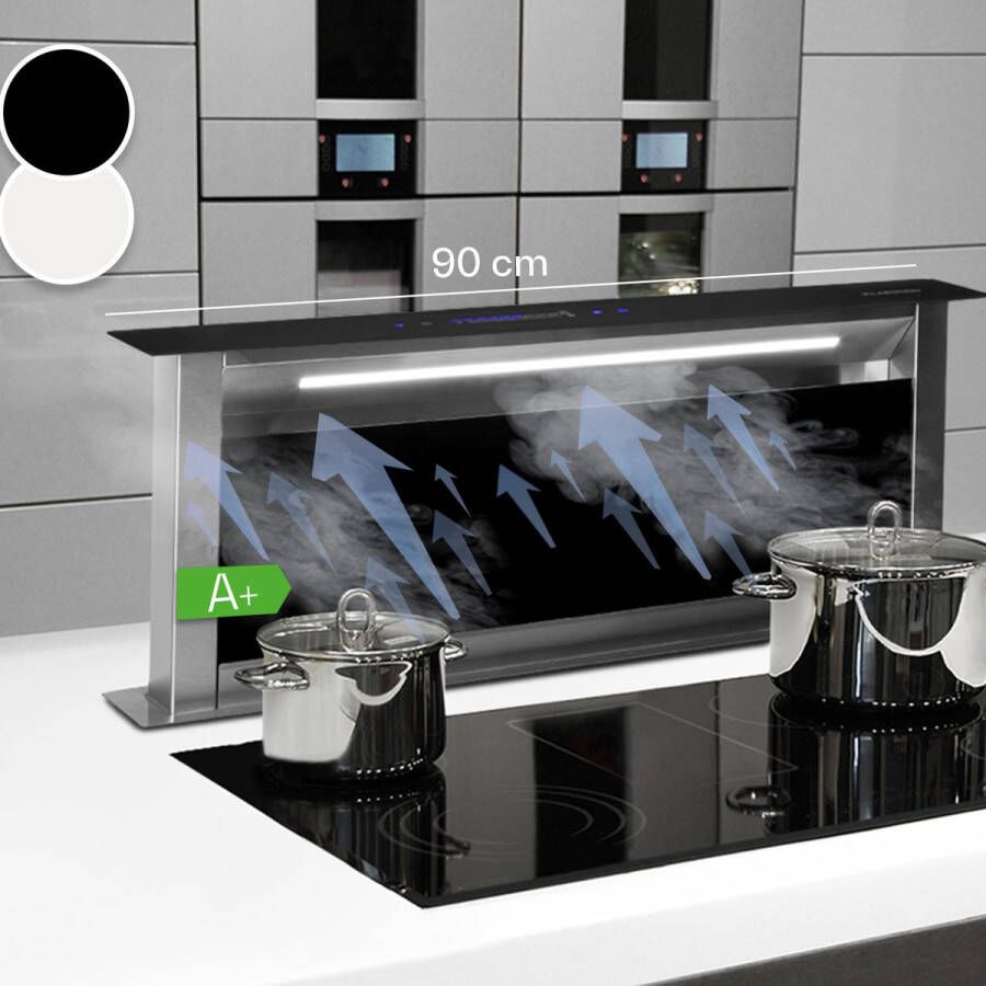 Klarstein Royal Flush Eco Downdraft Afzuigkap 90 cm Uittrekbaar tafel- & werkblad afzuigkap Luchtafvoervermogen: Max. 576 M³ H Energie-Efficiëntieklasse A+ Touch-to-slide bedieningspaneel LED Strip Pure Ambience Zwart