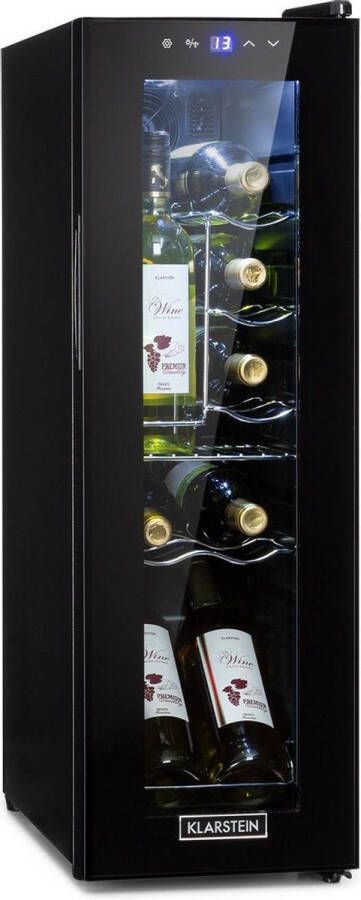 Klarstein Shiraz 12 Slim Uno Wijnkoelkast 32 Liter 12 Flessen Touch 85 W 5-18 °C LED Verlichting Zwart
