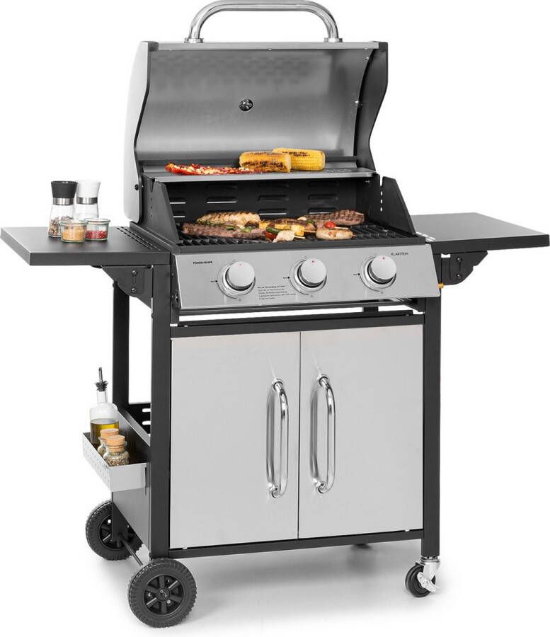 Klarstein Tomahawk Gasbarbecue 3 Branders Klaptafels Piëzo ontsteking 60 X 43 5 cm Grillrooster Warmtevermogen: 3 X 3 6 Kw Dubbelwandige kap RVS Zilver