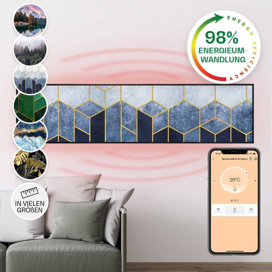 Klarstein Wonderwall Air Art Slimme Infrarood Verwarming Warmtepaneel 120X30Cm 350W 7M² Design Front App Controle Geruisloos Wandmontage Afstandsbediening Praktisch Thermostaat Ip44 Motief: Blauwe Lijn Zwart Frame