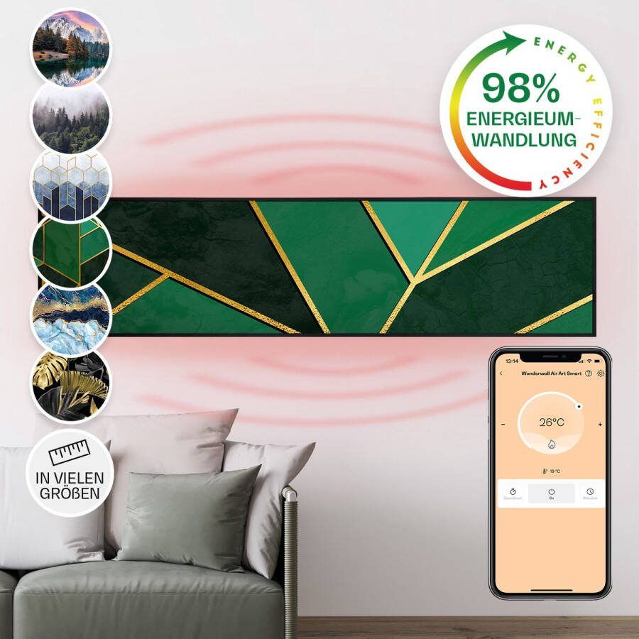 Klarstein Wonderwall Air Art Slimme Infrarood Verwarming Warmtepaneel 120X30Cm 350W 7M² Design Front App Controle Geruisloos Wandmontage Afstandsbediening Praktisch Thermostaat Timer Motief: Groene Lijn Zwart Frame