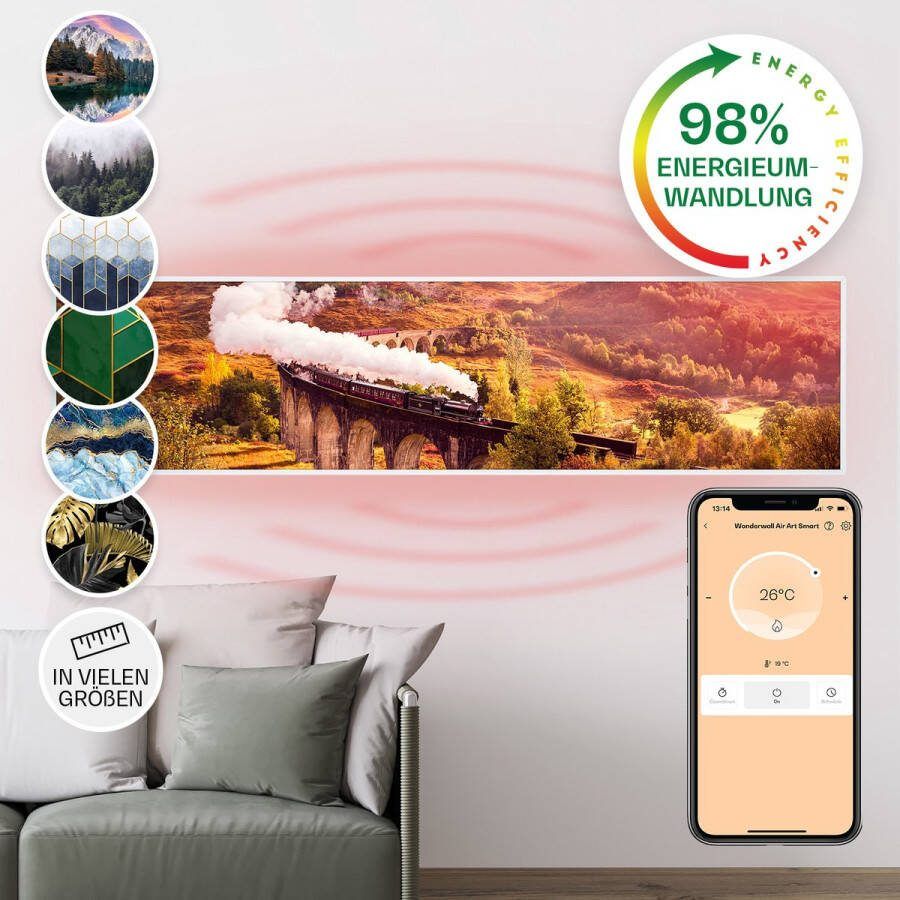 Klarstein Wonderwall Air Art Slimme Infrarood Verwarming Warmtepaneel 120X30Cm 350W 7M² Design Front App Controle Geruisloos Wandmontage Afstandsbediening Praktisch Thermostaat Weektimer Ip44 Motief: Trein Wit Frame