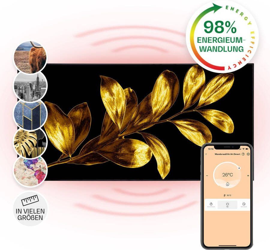Klarstein Wonderwall Air Art Slimme Infrarood Verwarming Warmtepaneel 120X60 cm 700 W 14 M² App controle Geruisloos Wandmontage Afstandsbediening Voor allergische mensen Thermostaat Weektimer Ip44 Motief: Gouden blad