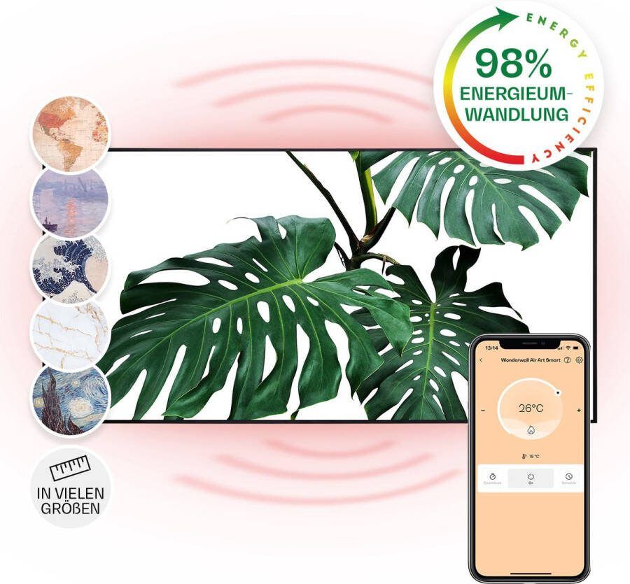 Klarstein Wonderwall Air Art Slimme Infrarood Verwarming Warmtepaneel 120X60 cm 700 W 14 M² App controle Geruisloos Wandmontage Afstandsbediening Voor allergische mensen Thermostaat Weektimer Ip44 Motief: Groen Blad