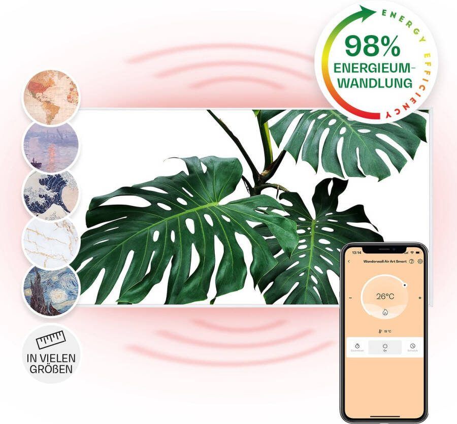Klarstein Wonderwall Air Art Slimme Infrarood Verwarming Warmtepaneel 120X60 Cm 700 W 14 M² Design Front App Controle Geruisloos Wandmontage Afstandsbediening Praktisch Thermostaat Weektimer Ip44 Motief: Groen Blad