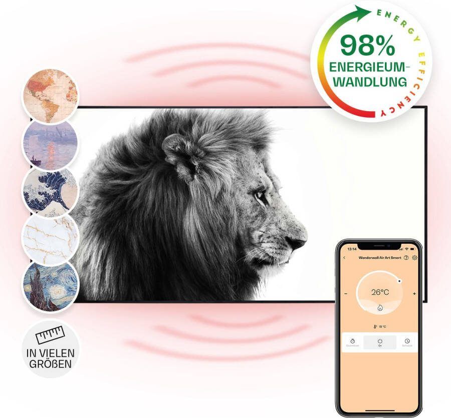 Klarstein Wonderwall Air Art Slimme Infrarood Verwarming Warmtepaneel 60X120Cm 700W 14 M² Design Front App Controle Geruisloos Wandmontage Afstandsbediening Praktisch Thermostaat Weektimer Ip44 Motief: Leeuw