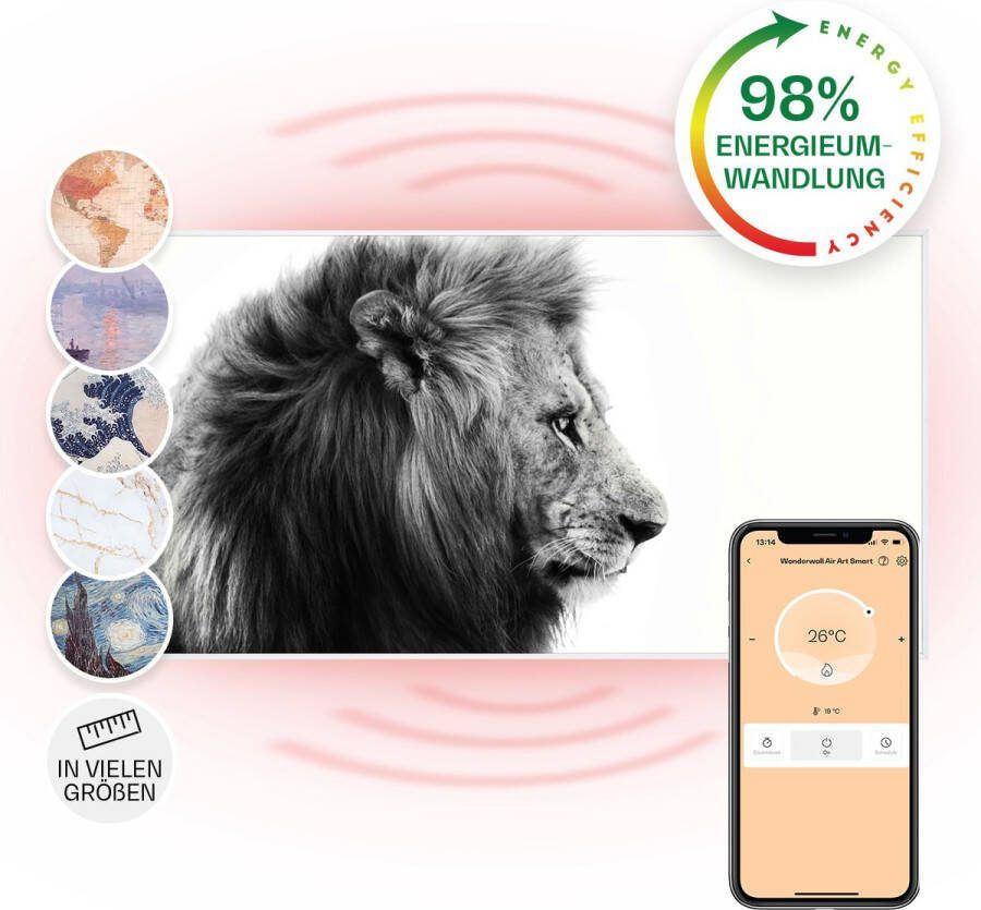 Klarstein Wonderwall Air Art Slimme Infrarood Verwarming Warmtepaneel 60X120Cm 700W 14 M² Design Front App Controle Geruisloos Wandmontage Afstandsbediening Praktisch Thermostaat Weektimer Ip44 Motief: Leeuw
