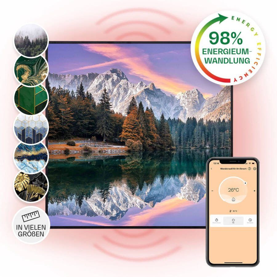 Klarstein Wonderwall Air Art Slimme Infrarood Verwarming Warmtepaneel 60X60cm 350W 7M² App controle Geruisloos Wandmontage Afstandsbediening Voor allergische mensen Thermostaat Weektimer Ip44 Motief: Meer Zwart Frame