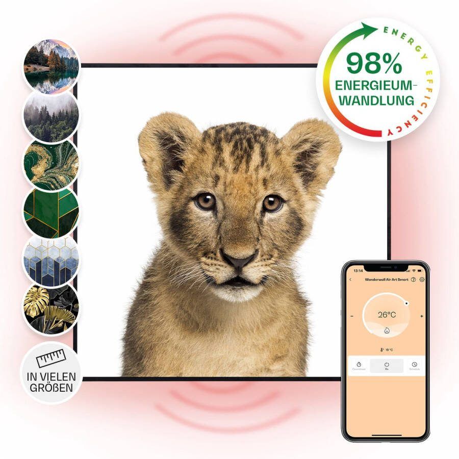Klarstein Wonderwall Air Art Slimme Infrarood Verwarming Warmtepaneel 60X60Cm 350W 7M² Design Front App Controle Geruisloos Wandmontage Afstandsbediening Praktisch Thermostaat Weektimer Ip44 Motief: Leeuw Zwart Frame
