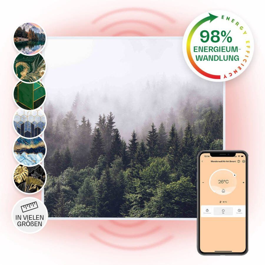 Klarstein Wonderwall Air Art Slimme Infrarood Verwarming Warmtepaneel 60X60Cm 350W 7M² Design Front App Controle Geruisloos Wandmontage Afstandsbediening Praktisch Thermostaat Weektimer Ip44 Motief: Woud Wit Frame