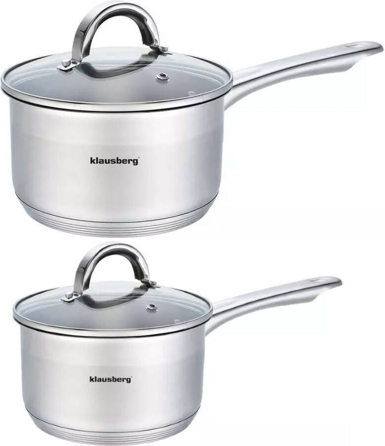 Klausberg 2 x steelpan sauspan steelpan met glazen deksel Ø16 en Ø18 cm RVS 1 5 liter en 2 1 liter