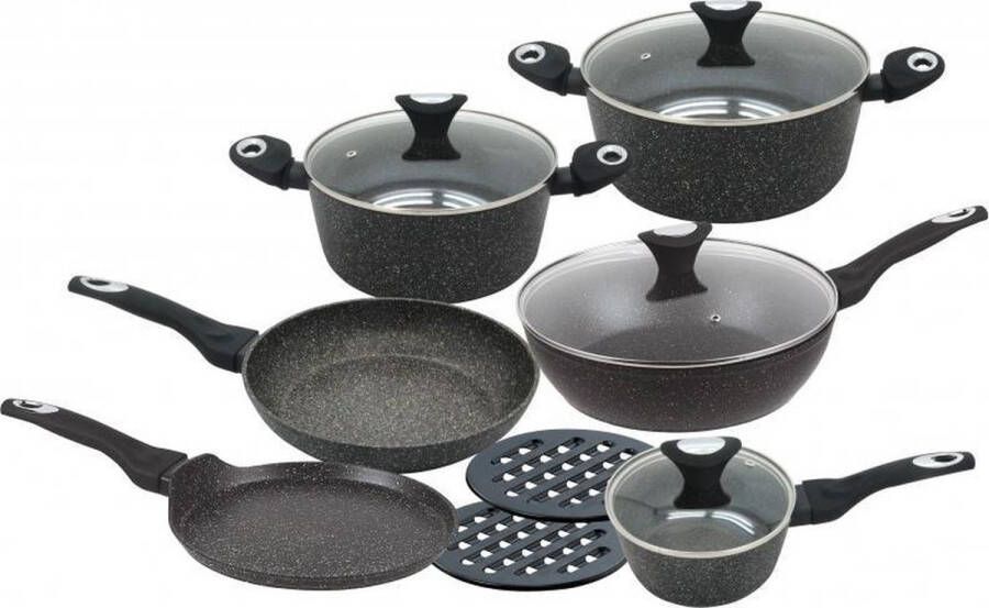 KLAUSBERG 7201 pannenset 12 delig keramische marmer coating gesmeed aluminium alle warmtebronnen non stick inductie zwart