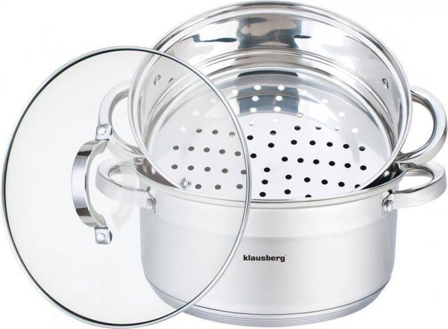 KLAUSBERG Stoompan Rijst- en Groentestomer 3-Delig Ø 24 cm 5L Roestvrijstaal Met Glasdeksel FIRENZE