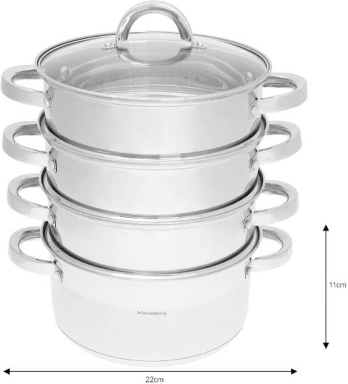 KLAUSBERG Stoompannen Set 5-delig I Kookpan Stoominzet Deksel Ø 22 cm 4.0L RVS Rijststomer Stoompan Groentestomer Vis- en Vleesstomer I Gezond Lekker Zuinig