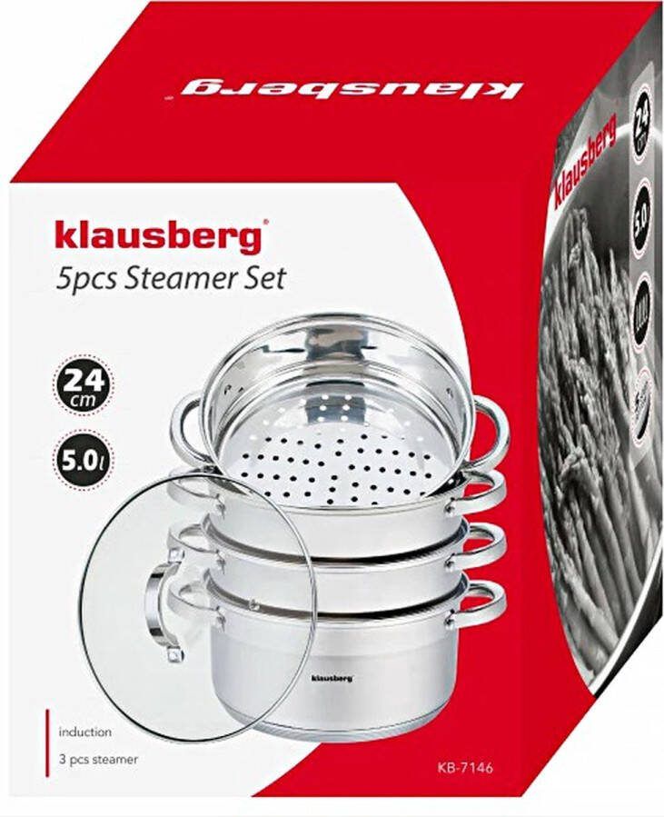 KLAUSBERG Stoompannen Set 5-delig I Kookpan Stoominzet Deksel Ø 24 cm 4.0L RVS Rijststomer Stoompan Groentestomer Vis- en Vleesstomer I Gezond Lekker Zuinig