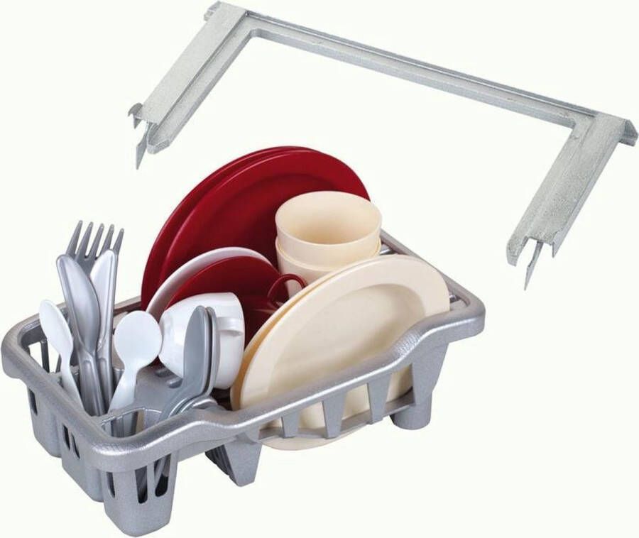 Klein Toys speelkeuken-afwasrek past bij de Miele- of Bosch-speelkeuken incl. inschuifrails bestekset eetservies en koffieservies grijs rood