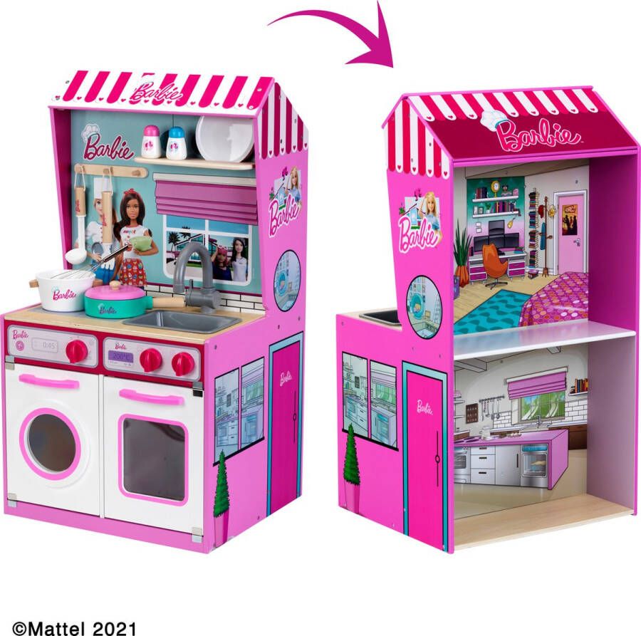 Theo Klein 7312 Barbie houten keuken met geïntegreerd poppenhuis 2 in 1 I speelkeuken met fornuis wasmachine en accessoires I afmetingen: 45 cm x 40 cm x 85 cm I Speelgoed voor kinderen van 3 jaar en ouder