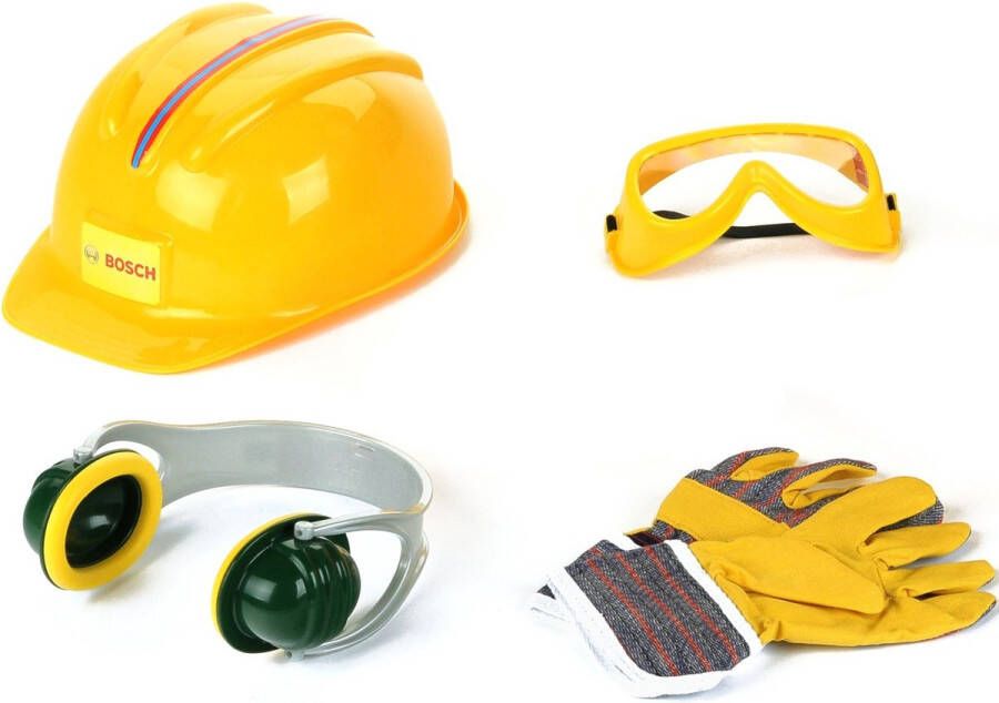 Klein Toys Bosch 4-delige accessoireset werkhandschoenen werkbril oorbeschermers en helm geeft plezier geen bescherming geel