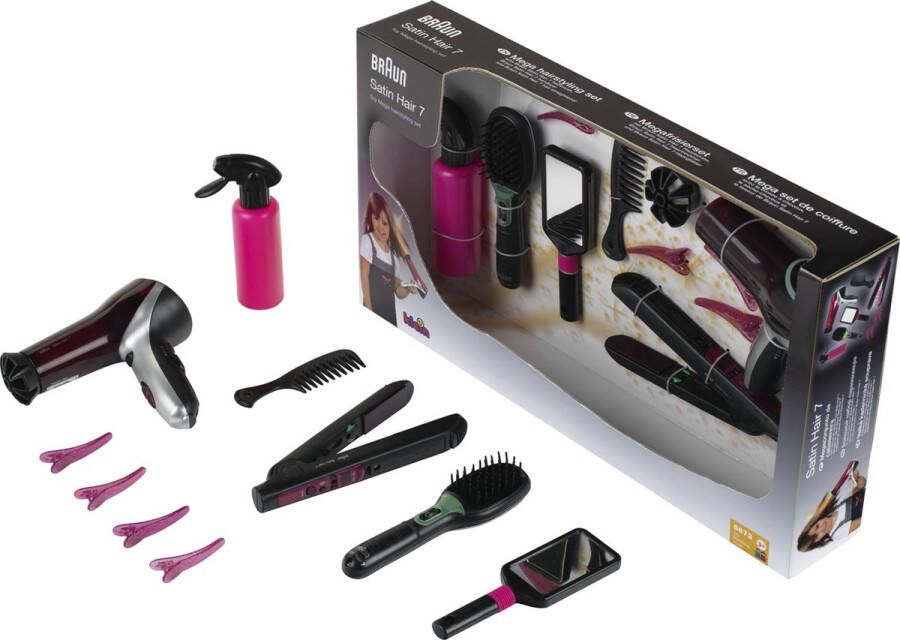 Klein Toys Braun Satin Hair 7 mega kappersset haardroger stijltang en haarborstel incl. stylingaccessoires en ventilator met koude-lucht-mechanisme zwart roze