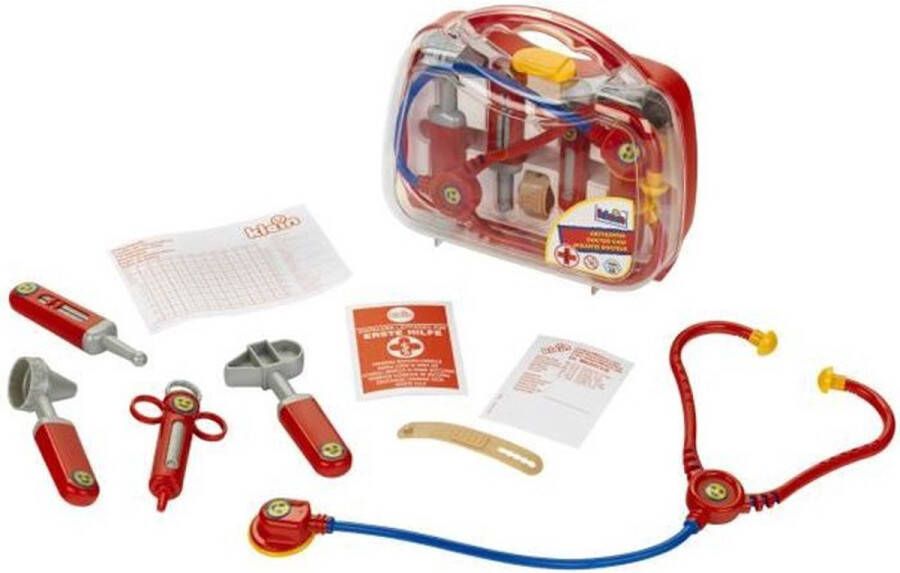 Klein dokterskoffertje met accessoires Stethoscoop injectiespuit en nog veel meer Koffer met transparant deksel Afmetingen: 21 5 cm x 9 cm x 20 cm Speelgoed voor kinderen vanaf 3 jaar