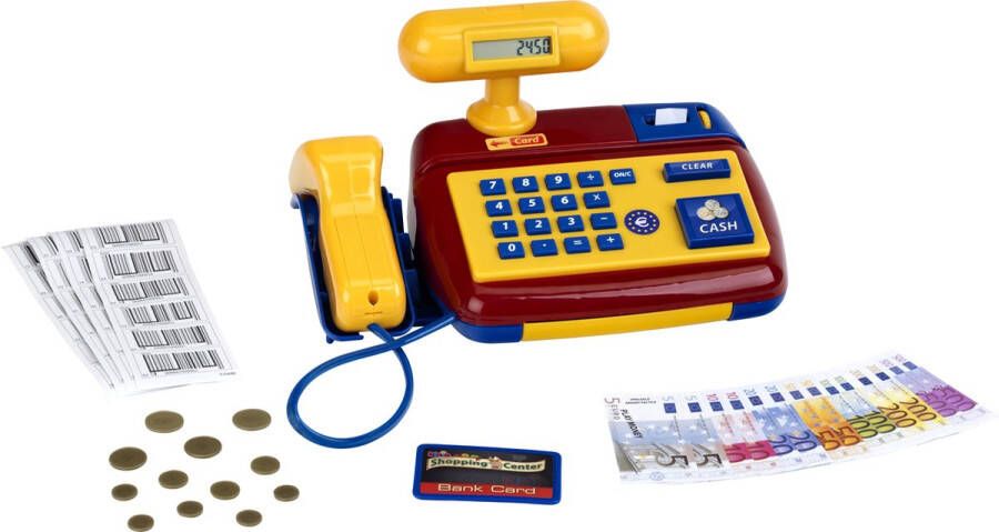 Klein Toys Elektronische kassa echte scanner en rekenmachinefunctie 26 5x17x14 cm incl. gedrukte barcodes creditcard speelgeld en geluidseffecten geel rood