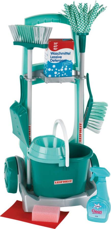 Klein Toys Leifheit speelgoedbezemwagen dweil emmer met opzetstuk bezem stoffer en blik incl. schoonmaak accessoires blauw groen