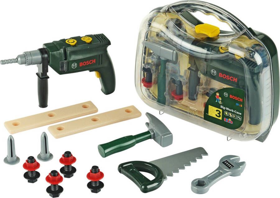 Klein Bosch gereedschapskoffer groot I 16-delige gereedschapsset I Incl. boormachine op batterijen met licht en geluidseffecten I Afmetingen: 32 cm x 8 cm x 29 cm I Speelgoed voor kinderen vanaf 3 jaar