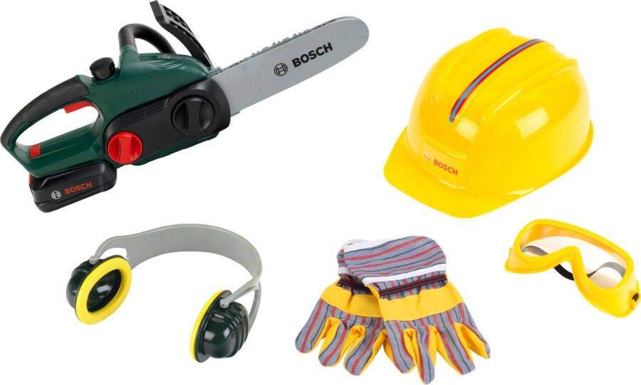 Klein Toys Bosch II set met kettingzaag werkhandschoenen werkbril oorbeschermers helm incl. licht- en geluidseffecten groen geel