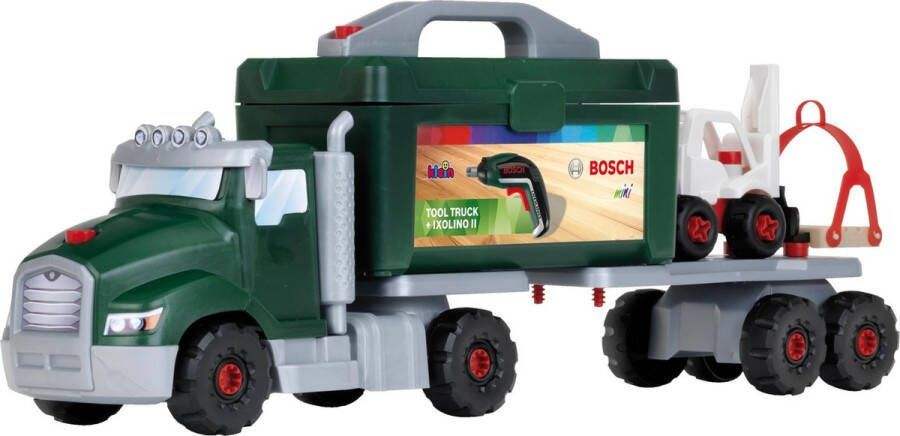 Klein Toys Bosch Ixolino II gereedschapswagen-set 86 onderdelen incl. accu-schroevendraaier gereedschapskist aanhanger kraan en heftruck groen