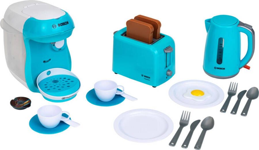 Klein Toys Bosch ontbijtset broodrooster koffieapparaat waterkoker accessoires incl. watervuloptie en geluidseffecten turquoise