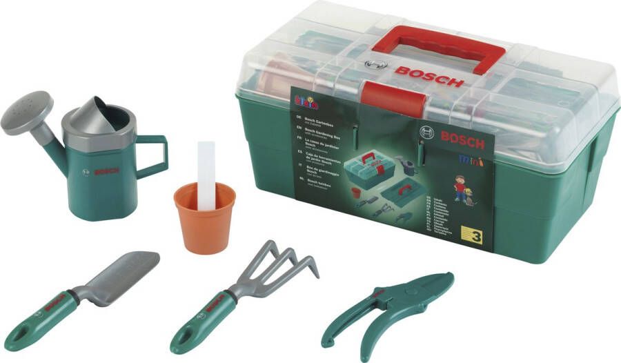 Klein Toys Bosch tuin professionele tuinbox met uitneembaar inzetstuk schop hark gieter snoeischaar en bloempot groen