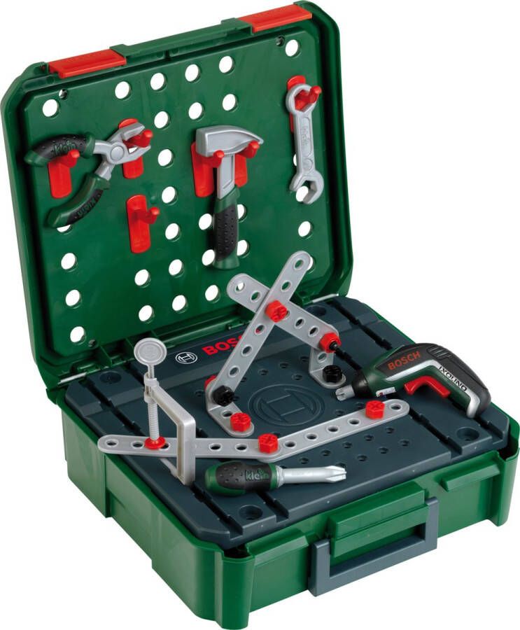 Klein Toys Bosch werkbankkoffer Ixolino moersleutel schroevendraaier hamer bouwlatten haken schroeven moeren schroefklem en -tang incl. licht- en geluidseffecten groen rood
